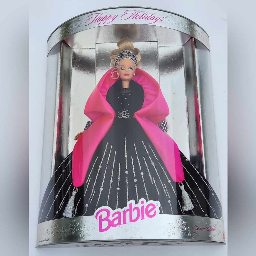 🌌 1998 Happy Holidays Barbie Black And Pink Dress Vintage Doll 66